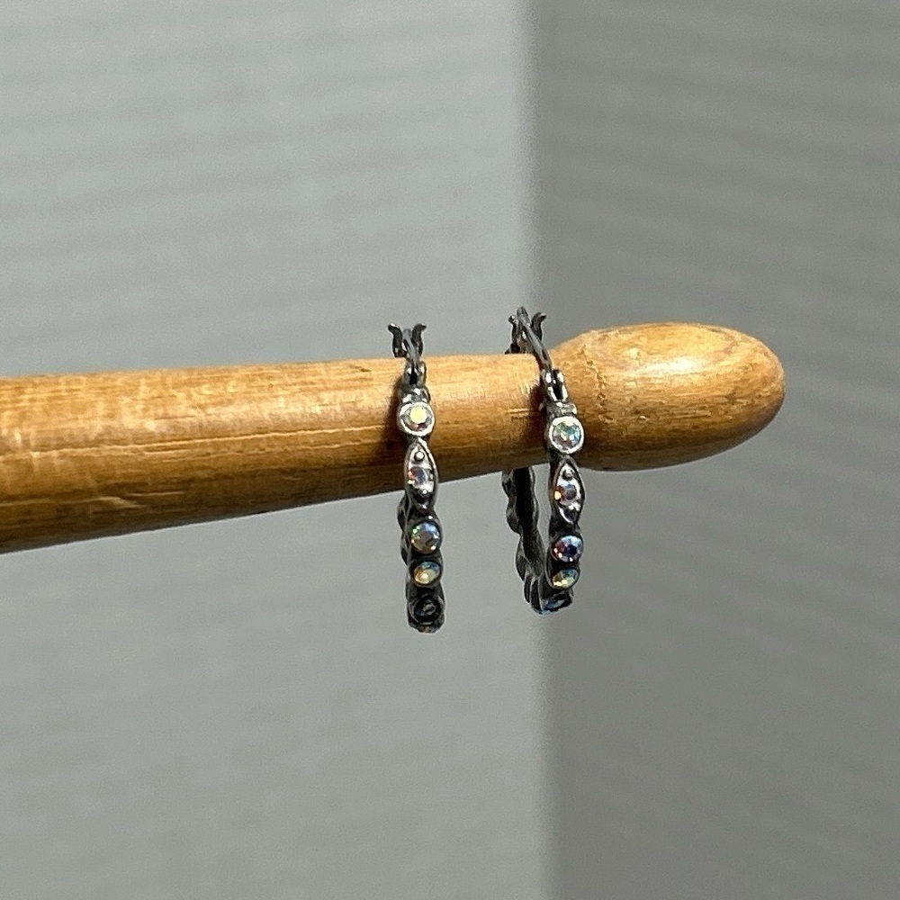 Silver Crystal Mini Hoop Earrings .75"D Dainty Feminine